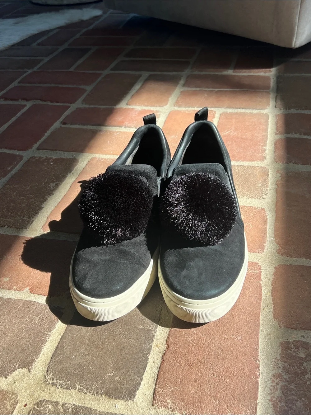 Tory Burch Black Slip-On Pom Pom Platform Sneakers with Cream Sole